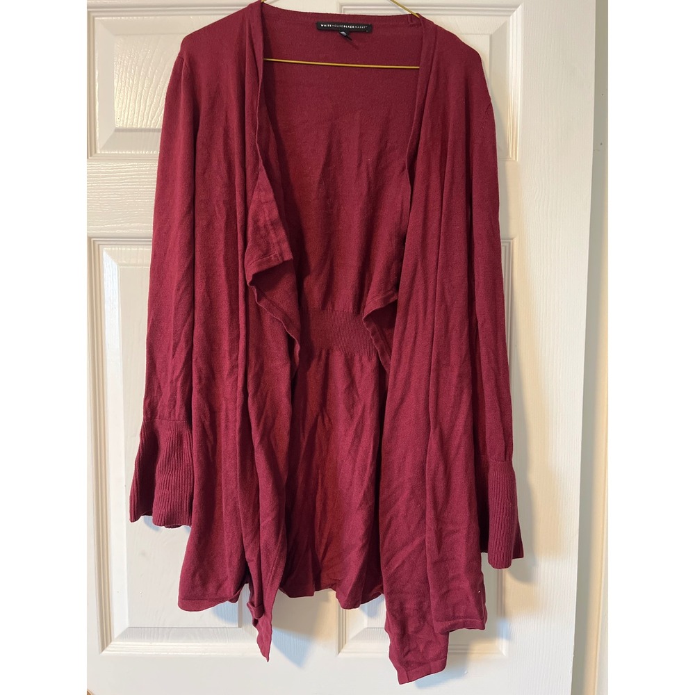 White House Black Market Burgundy Open Front Ruffle Hem Cardigan Sweater Size L